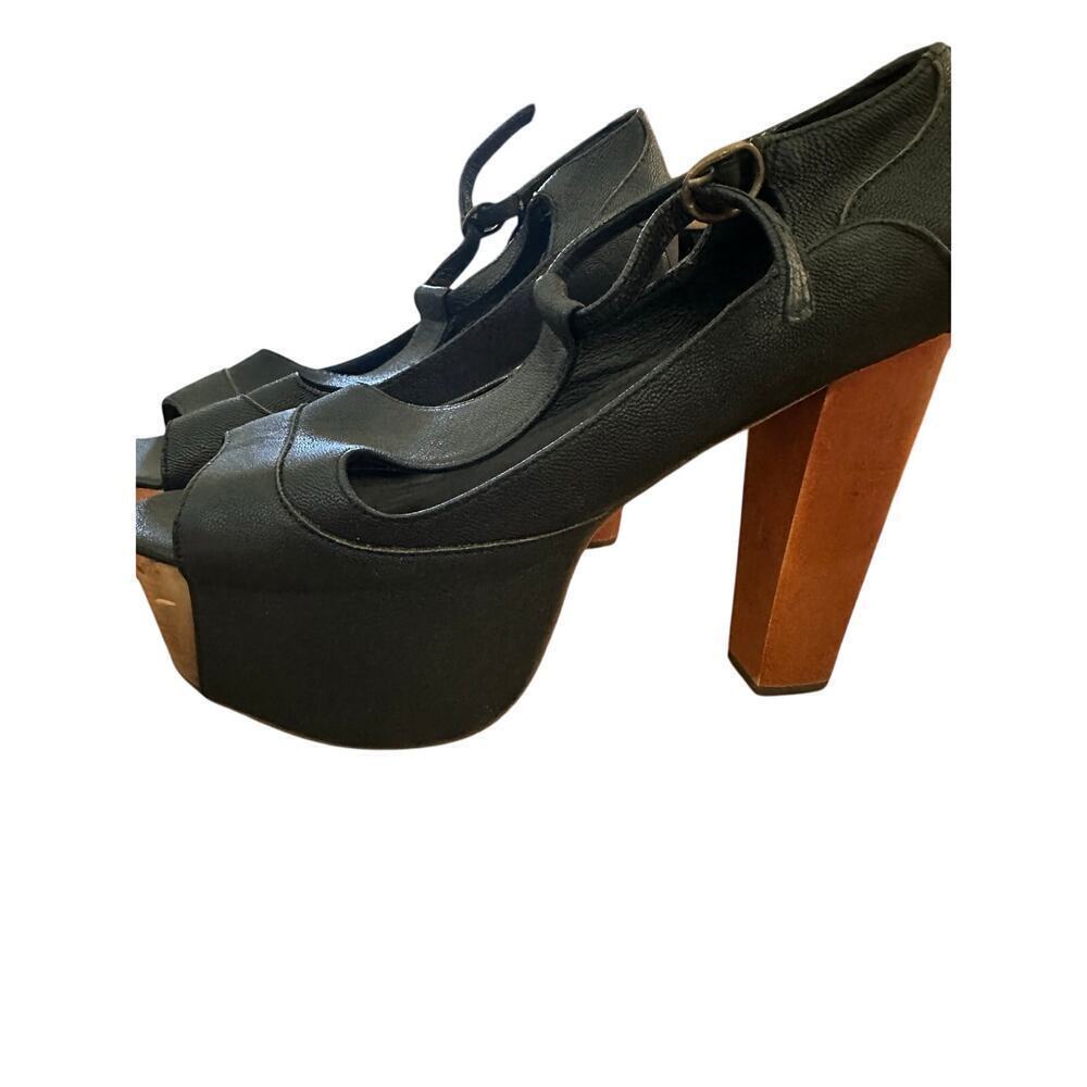 Jeffrey Campbell Women's Black Foxy Wood Platform Heel Sandals T-strap Size 8.5 - Picture 8 of 10